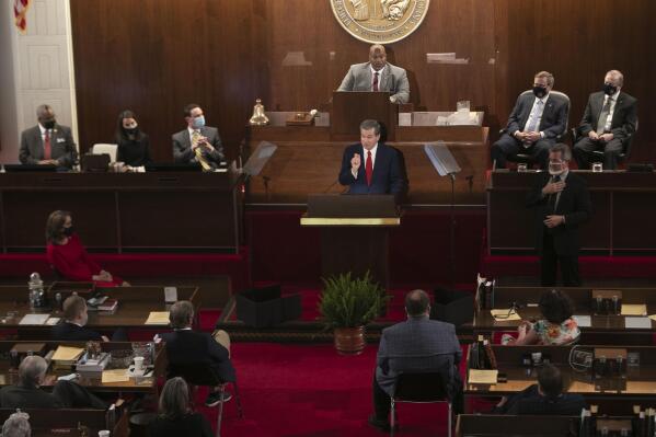 FILE - Democratic North Carolina Gov. Roy Cooper delivers his State of the State address before a joint session of the North Carolina House and Senate on April 26, 2021, in Raleigh, N.C. The permanent rules for operating the Republican-controlled North Carolina House for the next two years were approved by members Wednesday, Feb. 15, 2023, despite objections from Democrats that they make it easier for GOP lawmakers to override any veto by Cooper. (Robert Willett/The News & Observer via AP, File)