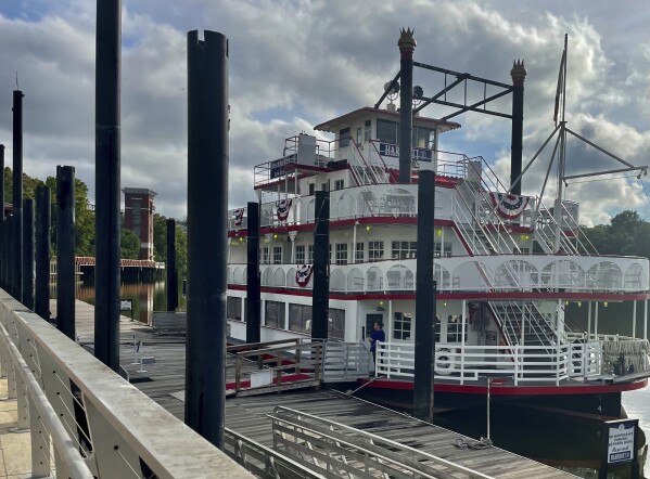 The Harriott II riverboat sits docked in Montgomery, Ala., on Tuesday, Aug. 8, 2023. A riverfront brawl occurred on Aug. 5 when a crew member was punched for trying to move a pontoon boat that was blocking the riverboat from docking. (AP Photo/Kim Chandler)