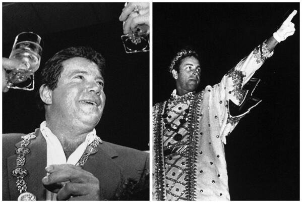 In this two file image combo, William Shatner, left, joins the Mardi Gras celebration upon his arrival in New Orleans on Friday, Feb. 28, 1987. At right, actor John Ritter, King Bacchus XVIII, signals to start the Krewe of Bacchus parade in New Orleans, Feb. 9, 1987 during Mardi Gras festivities. (AP Photos/Skip Heine and Andrew Cohoon, files)