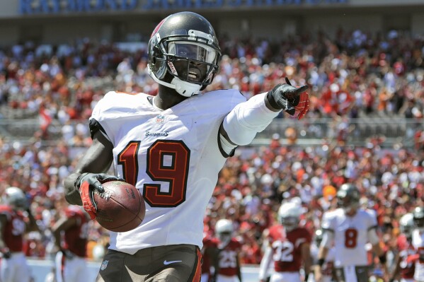 FILE- -Tampa Bay Buccaneers wide receiver Mike Williams (19) celebrates after catching a touchdown pass from quarterback Mike Glennon during the first quarter of an NFL football game against the Arizona Cardinals Sunday, Sept. 29, 2013, in Tampa, Fla. Former NFL receiver Mike Williams, who was injured in a construction accident two weeks ago and later put on a ventilator, died Tuesday, Sept. 12, 2023, his agent said. He was 36. Williams, who played for the Buccaneers and Buffalo Bills from 2010-14, died at St. Joseph’s Hospital in Tampa, agent Hadley Engelhard said. (AP Photo/Brian Blanco, File)