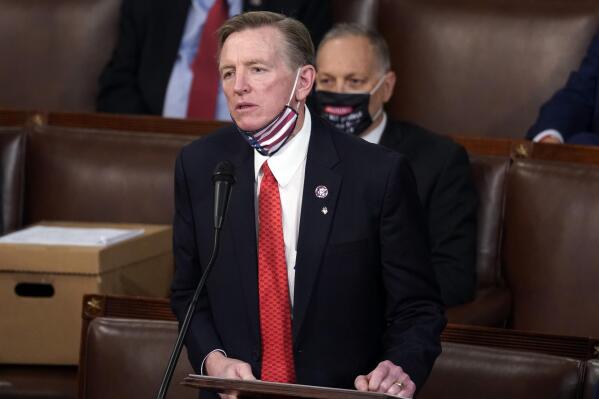 FILE - Rep. Paul Gosar, R-Ariz., objects to certifying Arizona's Electoral College votes during a joint session of the House and Senate convenes to count the electoral votes cast in November's election, at the Capitol, on Jan 6, 2021. Gosar is facing censure in the House over a violent video he posted online. The House will vote Wednesday, Nov. 17, on a resolution that would censure Gosar for tweeting an animated video that depicted him striking Rep. Alexandria Ocasio-Cortez of New York with a sword. (AP Photo/Andrew Harnik, File)