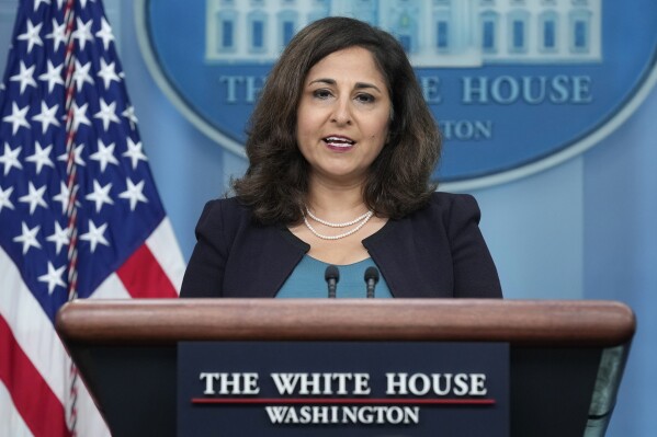 FILE - White House adviser Neera Tanden speaks during the daily briefing at the White House in Washington, Aug. 29, 2023. The Environmental Protection Agency will pair artists with federal officials overseeing treasured bodies of water in the United States as part of a new initiative to use arts and culture to support water restoration and climate resiliency. Tanden says the arts help "people to see each other and understand how we're connected." (AP Photo/Susan Walsh, File)