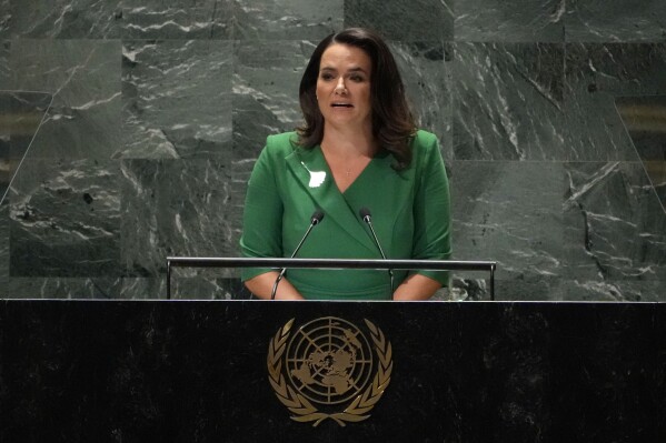 Hungary's President Katalin Novak addresses the 78th session of the United Nations General Assembly, Tuesday, Sept. 19, 2023. (AP Photo/Richard Drew)