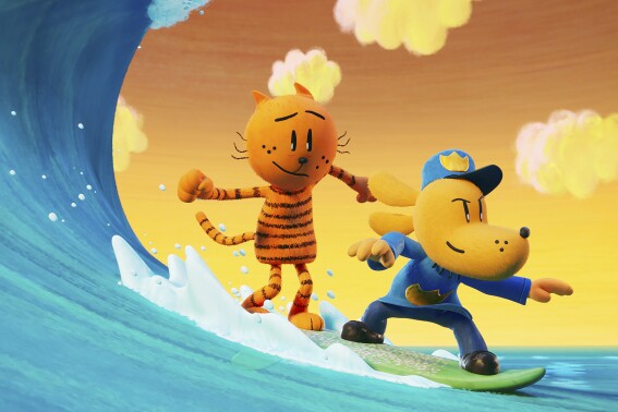 This image released by Universal Pictures shows Petey, voiced by Pete Davidson, left, and Dog Man, voiced by Peter Hastings in a scene from DreamWorks Animation's "Dog Man." (Universal Pictures/DreamWorks Animation via AP)