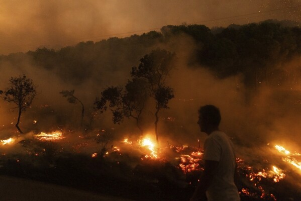 A view of flames as a forest burns, in the village of Dikela, near Alexandroupolis town, in the northeastern Evros region, Greece, Aug. 22, 2023. (AP Photo/Achilleas Chiras)