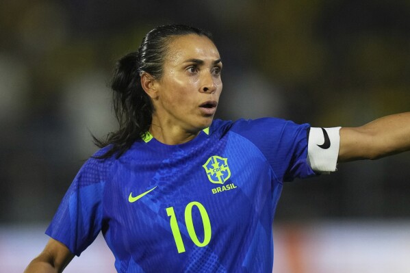 Brazil's Marta looks on during a women's friendly soccer match against Japan at Cicero de Souza Marques stadium in Braganca Paulista, Sao Paulo state, Brazil, Monday, June 2, 2025. (AP Photo/Andre Penner)
