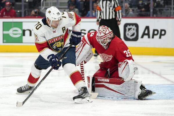 Detroit Red Wings goaltender Alex Nedeljkovic (39) stops the puck as Florida Panthers right wing Patric Hornqvist (70) waits for a rebound in the third period of an NHL hockey game Friday, Oct. 29, 2021, in Detroit. (AP Photo/Paul Sancya)