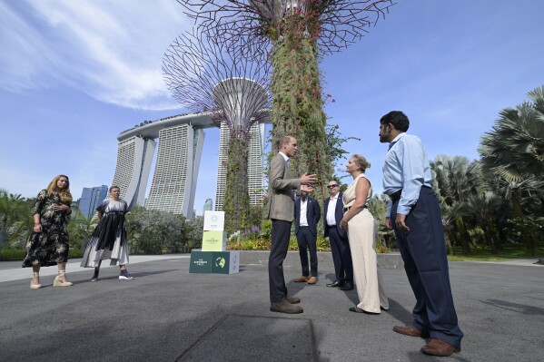 Britain's Prince William meets the 2023 Earthshot Prize finalists at the base of the Supertrees at the Gardens by the Bay in Singapore, Tuesday, Nov. 7, 2023. (Caroline Chia/Pool Photo via AP)