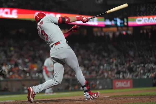 St. Louis Cardinals' Dylan Carlson hits an RBI double against the San Francisco Giants during the ninth inning of a baseball game in San Francisco, Friday, May 6, 2022. (AP Photo/Jeff Chiu)