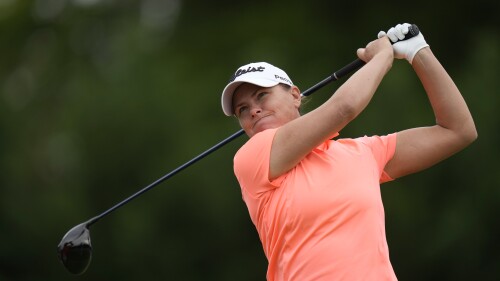 Lee-Anne Pace, of South Africa, tees off on the 14th hole during the first round of the Women's PGA Championship golf tournament, Thursday, June 22, 2023, in Springfield, N.J. (AP Photo/Seth Wenig)