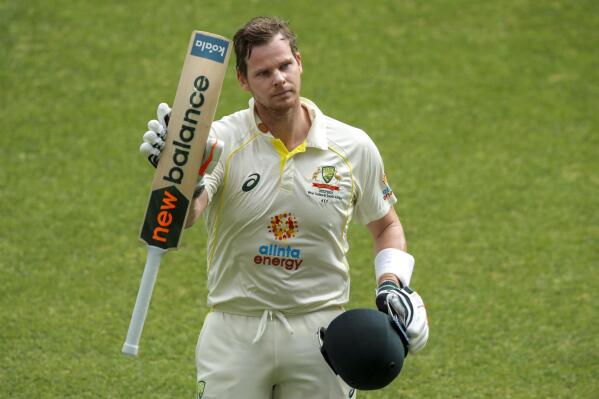 Australia's Steve Smith gestures as he leaves the field after scoring a double hundred during play on the second day of the first cricket test between Australia and the West Indies in Perth, Australia, Thursday, Dec. 1, 2022. (AP Photo/Gary Day)