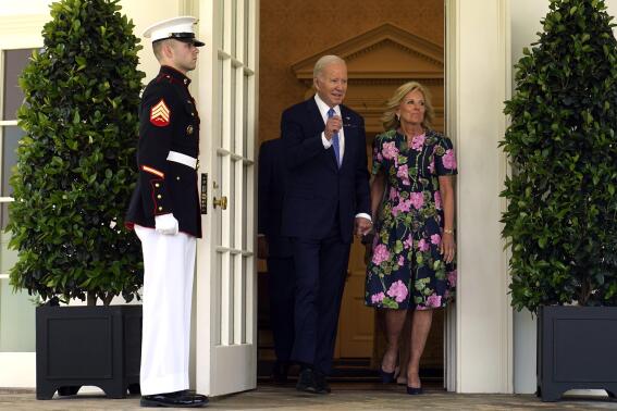 President Joe Biden, accompanied by first lady Jill Biden, walks from the Oval Office to attend a ceremony honoring the Council of Chief State School Officers' 2023 Teachers of the Year in the Rose Garden of the White House, Monday, April 24, 2023 in Washington. (AP Photo/Susan Walsh)