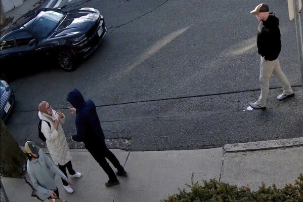 In this image taken from security camera video, Rumeysa Ozturk, a 30-year-old doctoral student at Tufts University, is detained by Department of Homeland Security agents on a street in Sommerville, Mass., Tuesday, March 26, 2025. (AP Photo)