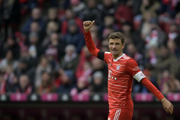 Bayern's Thomas Mueller reacts during the Bundesliga soccer match between Bayern Munich and VfL Bochum 1848 at the Allianz Arena in Munich, Germany, Saturday, Feb.11, 2023. (AP Photo/Andreas Schaad)