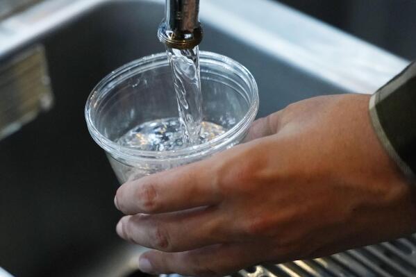 A cup of water is drawn from a faucet at Johnny T's Bistro and Blues, a midtown Jackson, Miss., restaurant and entertainment venue, Thursday, Sept. 1, 2022. Although it is no longer cloudy, owner John Tierre says he has concerns over the city's longstanding water problems. Some business owners report spending anywhere between $300 to $500 per day on ice and bottled water. (AP Photo/Rogelio V. Solis)