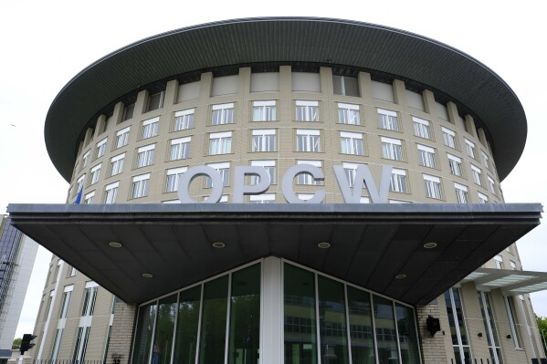 FILE - The main entrance of the headquarters of the Organization for the Prohibition of Chemical Weapons (OPCW), is seen in The Hague, Netherlands on May 5, 2017. An international investigative team said Thursday, Feb. 22, 2024, that its probe into a 2015 attack in Syria found 鈥渞easonable grounds to believe鈥� that the Islamic State group used mustard gas, the latest finding of use of poison gas and nerve agents in Syria's grinding civil war. (APPhoto/Peter Dejong, File)