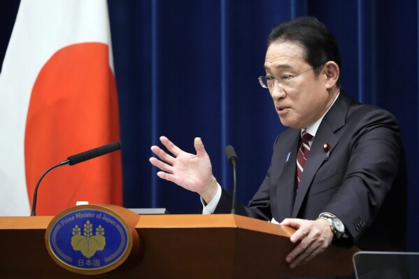 Japan's Prime Minister Fumio Kishida speaks during a press conference, in Tokyo, Thursday, March 28, 2024. (AP Photo/Eugene Hoshiko, Pool)