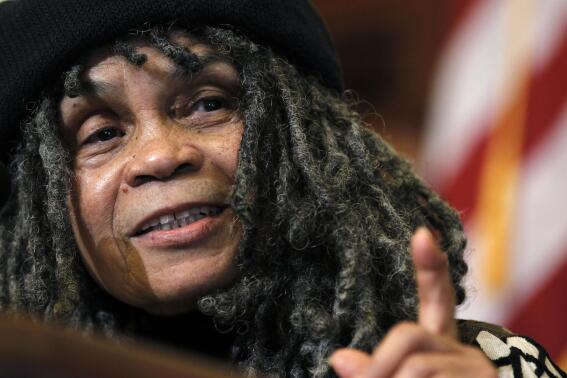 FILE - Philadelphia poet laureate Sonia Sanchez gestures as she makes remarks during a news conference Thursday, Dec. 29, 2011, in Philadelphia. The poet, activist and educator is this year's winner of the Edward MacDowell Medal, a lifetime achievement honor started in 1960 and previously given to Robert Frost, Toni Morrison and Stephen Sondheim among others. “I had tears in my eyes as I learned about this award,” Sanchez, said in a statement released Sunday, March 6, 2022, by MacDowell, an artist residency founded in 1907. (AP Photo/Matt Rourke, File)