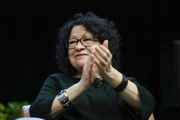 FILE - U.S. Supreme Court Associate Justice Sonia Sotomayor appears during an event April 5, 2022, at Washington University in St. Louis. Two of the Supreme Court justices who disagree most often on the outcomes of cases say they both still try hard to persuade each other, and sometimes succeed. Justice Sonia Sotomayor and Justice Amy Coney Barrett made the comments in a pretaped conversation made public for the first time Thursday evening, July 28, 2022. (AP Photo/Jeff Roberson, File)