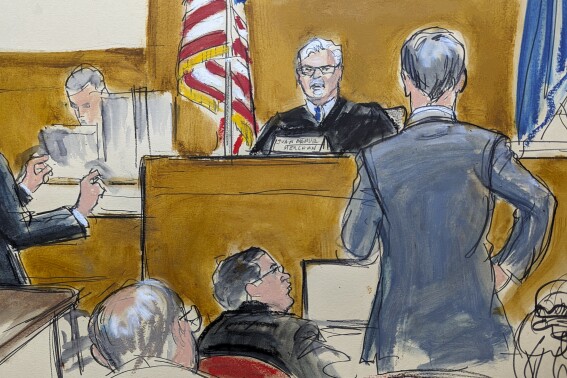 In this courtroom sketch, former President Donald Trump's defense attorney Emil Bove, left, and assistant district attorney Matthew Colangelo, right, argue various points on the jury charge to Judge Juan Merchan, Tuesday, May 21, 2024, in Manhattan criminal court in New York. (Elizabeth Williams via AP)