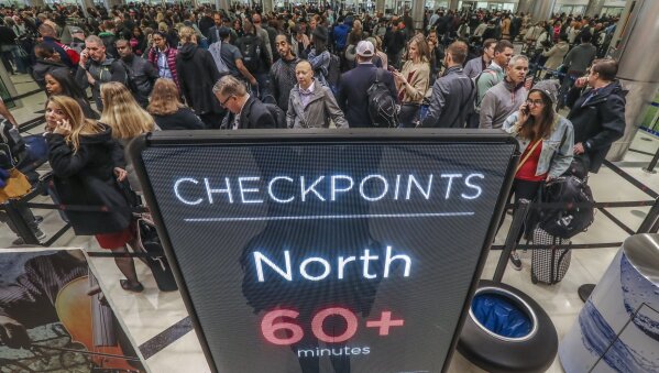 
              Security lines at Hartsfield-Jackson International Airport in Atlanta stretch more than an hour long amid the partial federal shutdown, causing some travelers to miss flights, Monday morning, Jan. 14, 2019. The long lines signaled staffing shortages at security checkpoints, as TSA officers have been working without pay since the federal shutdown began Dec. 22. (John Spink/Atlanta Journal-Constitution via AP)
            