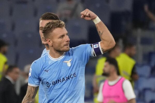 Lazio's Ciro Immobile celebrates after he scored his side's first goal during a Serie A soccer match between Lazio and Hellas Verona, at Rome's Olympic Stadium, Sunday, Sept. 11, 2022. (AP Photo/Andrew Medichini)