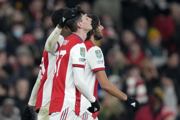 Arsenal's Charlie Patino celebrates after scoring his side's fifth goal during the English League Cup quarterfinal soccer match between Arsenal and Sunderland at Emirates stadium in London, Tuesday, Dec. 21, 2021. (AP Photo/Kirsty Wigglesworth)