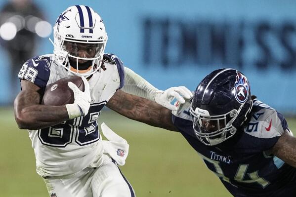 Dallas Cowboys wide receiver CeeDee Lamb (88) runs against the Tennessee Titans during the second half of an NFL football game, Thursday, Dec. 29, 2022, in Nashville, Tenn. (AP Photo/Chris Carlson)