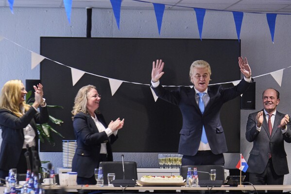 Far-right Party for Freedom leader Geert Wilders, second right, celebrates with party members after winning the most votes in a general election, in The Hague, Netherlands, Thursday Nov. 23, 2023. (AP Photo/Phil Nijhuis)