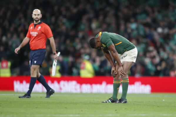 South Africa's Damian Willemse dejected at the end of the rugby union international match between Ireland and South Africa at the Aviva Stadium in Dublin, Ireland, Saturday, Nov. 5, 2022. (AP Photo/Peter Morrison)