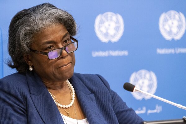 U.S. Ambassador to the United Nations, Linda Thomas-Greenfield speaks to reporters during a news conference, Monday, March 1, 2021, at United Nations headquarters. (AP Photo/Mary Altaffer)