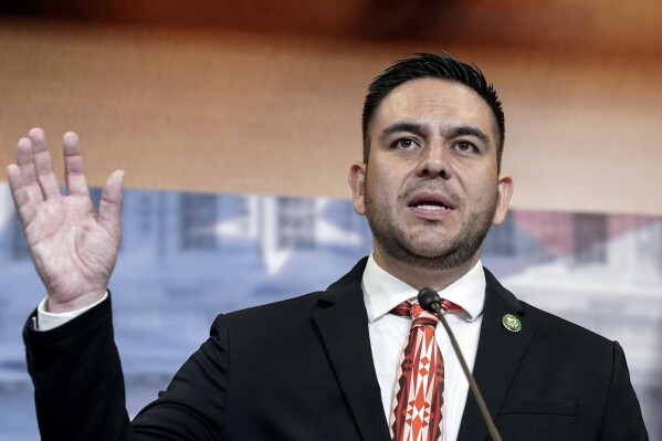 FILE - Rep. Gabe Vasquez, D-N.M., speaks during a news conference on Capitol Hill in Washington on June 15, 2023. Accusations that New Mexico's Democratic-led legislature unfairly diluted the vote of the politically conservative oil-producing region go to trial Wednesday, Sept. 27, at a state district court in Lovington, N.M. Vasquez ousted first-term Republican Yvette Herrell in 2022 from the 2nd District after it was reshaped to include portions of Albuquerque. Former Congresswoman Herrell wants the GOP nomination for a rematch, launching her campaign in May alongside House Speaker Kevin McCarthy. (AP Photo/Mariam Zuhaib, File)