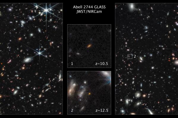 This image made available by the Space Telescope Science Institute on Thursday, Nov. 17, 2022, shows two of the farthest galaxies seen to date captured by the James Webb Space Telescope in the outer regions of the giant galaxy cluster Abell 2744. The galaxies are not inside the cluster, but many billions of light-years farther behind it. The galaxy labeled "1" existed only 450 million years after the big bang. The galaxy labeled "2" existed 350 million years after the big bang. (NASA, ESA, CSA, Tommaso Treu (UCLA), Zolt G. Levay (STScI) via AP)
