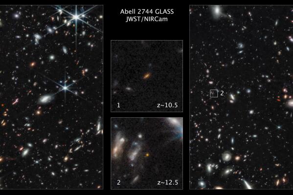 This image made available by the Space Telescope Science Institute on Thursday, Nov. 17, 2022, shows two of the farthest galaxies seen to date captured by the James Webb Space Telescope in the outer regions of the giant galaxy cluster Abell 2744. The galaxies are not inside the cluster, but many billions of light-years farther behind it. The galaxy labeled "1" existed only 450 million years after the big bang. The galaxy labeled "2" existed 350 million years after the big bang. (NASA, ESA, CSA, Tommaso Treu (UCLA), Zolt G. Levay (STScI) via AP)
