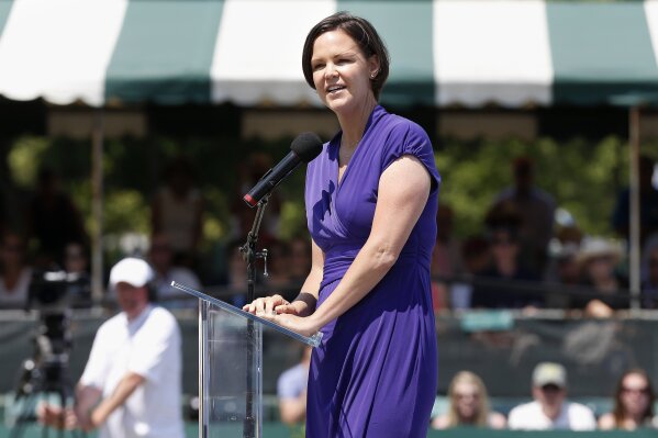 FILE - Lindsay Davenport speaks during induction ceremonies at the International Tennis Hall of Fame in Newport, R.I., Saturday, July 12, 2014. Davenport will take over from Kathy Rinaldi as the U.S. captain for the Billie Jean King Cup after this year's competition ends. (AP Photo/Michael Dwyer, File)