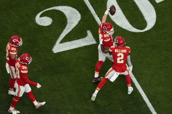 Kansas City Chiefs defensive end George Karlaftis (56) reacts after recovering a fumble during the first half of the NFL Super Bowl 58 football game against the San Francisco 49ers Sunday, Feb. 11, 2024, in Las Vegas. (AP Photo/David J. Phillip)