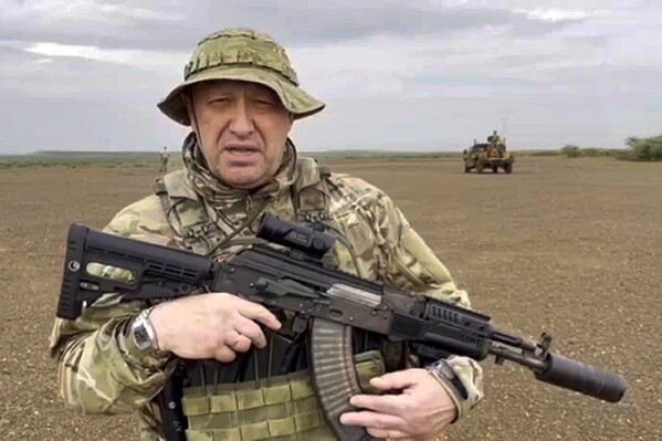 In this image taken from video released by Razgruzka_Vagnera telegram channel on Monday, Aug. 21, 2023, Yevgeny Prigozhin, the owner of the Wagner Group military company speaks to a camera at an unknown location. (Razgruzka_Vagnera telegram channel via AP)