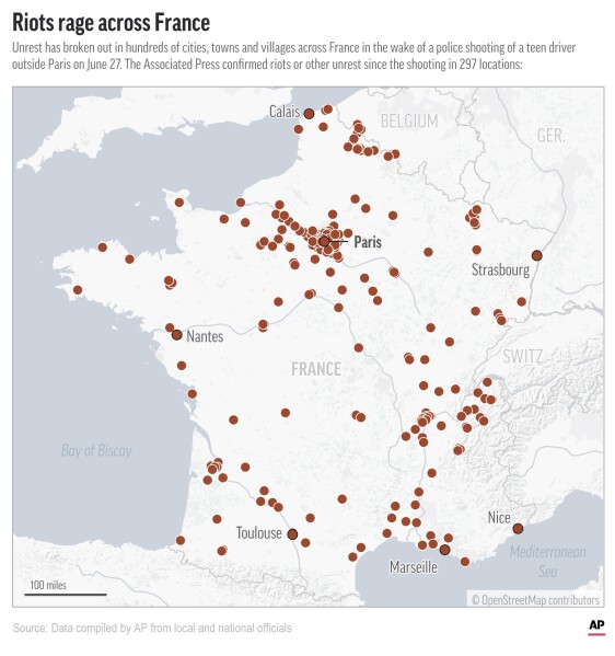 The Associated Press confirmed rioting or other unrest broke out in nearly 300 locations in France following the June 27 police shooting of a teen driver in a Paris suburb. (AP Graphic)