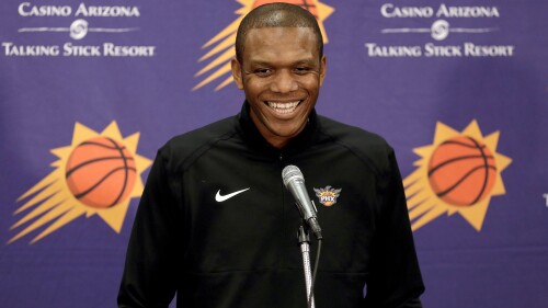 FILE - Phoenix Suns general manager James Jones speaks to the media regarding the firing of Suns head coach Igor Kokoskov, Wednesday, April 24, 2019, in Phoenix. Jones was a survivor during his 14-year NBA career, a 49th overall pick out of Miami who carved out a reputation as a valuable role player, contributing to three championship teams. His second career as an NBA executive is showing similar long-term strength. (AP Photo/Matt York, File)