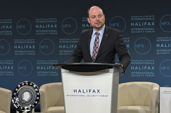Vladimir Kara-Murza, a Kremlin critic and Pulitzer Prize-winning writer speaks at The Halifax International Security Forum on Saturday, Nov. 23, 2024 in Halifax, Nova Scotia Canada. (AP Photo/Rob Gillies)