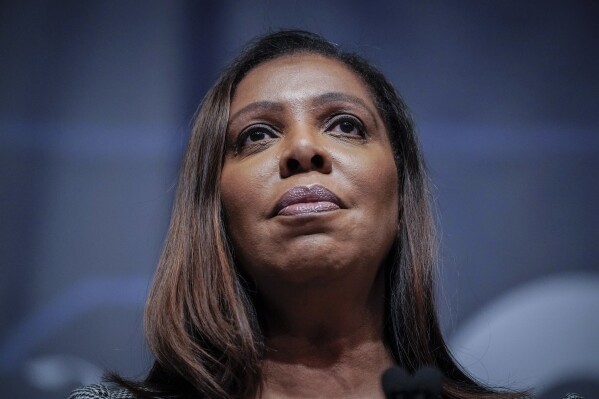 FILE - New York State Attorney General Letitia James speaks during the New York State Democratic Convention on Feb. 17, 2022, in New York. James fixated on Donald Trump as she campaigned for New York attorney general, branding the then-president a “con man” and ″carnival barker” and pledging to shine a “bright light into every dark corner of his real estate dealings.” (AP Photo/Seth Wenig, File)