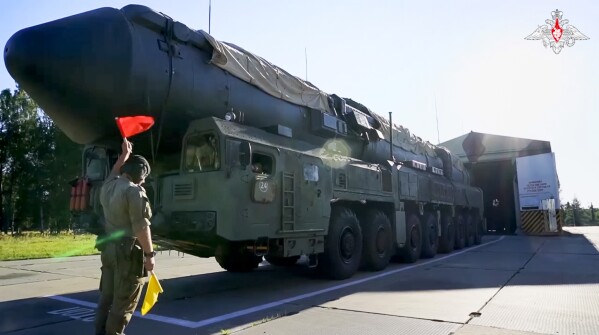 FILE - In this image taken from video released by Russian Defense Ministry Press Service on Sept. 17, 2024, Russian RS-24 Yars strategic ballistic missiles launcher moves out a hangar during a drills in Ivanovo region, Russia. (Russian Defense Ministry Press Service photo via AP, File)