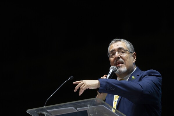 Bernardo Arévalo, presidential candidate with Seed Movement party, speaks during his closing campaign rally at Constitution square in Guatemala City, Wednesday, Aug. 16, 2023. Arevalo faces rival and former first lady Sandra Torres of the UNE party in the Aug. 20 runoff election. (AP Photo/Moises Castillo)