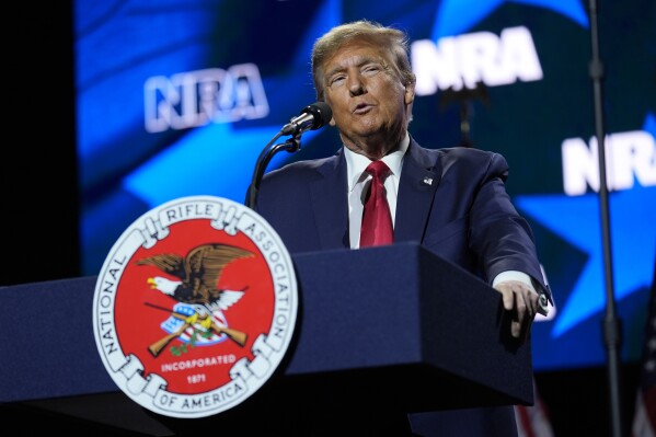 Republican presidential candidate former President Donald Trump speaks at the National Rifle Association's Presidential Forum in Harrisburg, Pa., Friday, Feb. 9, 2024. (APPhoto/Matt Rourke)