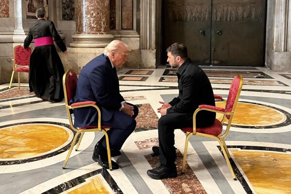In this photo provided by the Ukrainian Presidential Press Office, President Volodymyr Zelenskyy, right, and President Donald Trump, talk as they attend the funeral of Pope Francis in St. Peter’s Basilica in Vatican City, April 26, 2025.(Ukrainian Presidential Press Office via AP, File)