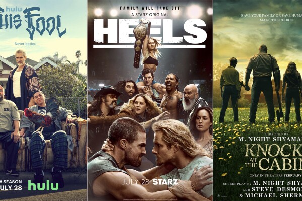 This combination of photos show promotional art for the second season of "This Fool," premiering July 28 on Hulu, left, season two of "Heels," premiering July 28 on Starz, center, and "Knock at the Cabin," a film streaming July 25 on Prime Video. (Hulu/Starz/Amazon/Universal Pictures via AP)
