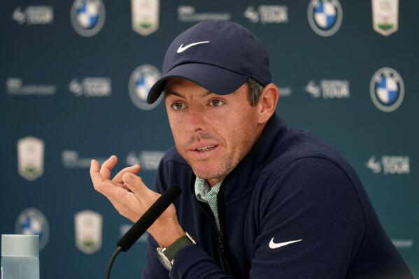 Golfer Rory McIlroy speaks at a press conference during the Pro-Am ahead of the BMW PGA Championship at Wentworth Golf Club, Virginia Water, Surrey, England, Wednesday, Sept. 7, 2022. (Adam Davy/PA via AP)