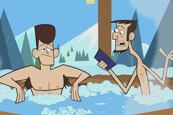 This image released by Max shows animated characters Abe Lincoln, voiced by Will Forte, right, and JFK, voiced by Christopher Miller, in a scene from "Clone High." (Max via AP)