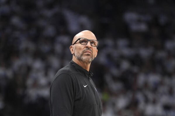 Dallas Mavericks head coach Jason Kidd pauses on the sideline during the second half of Game 5 of the Western Conference finals in the NBA basketball playoffs against the Minnesota Timberwolves, Thursday, May 30, 2024, in Minneapolis. (AP Photo/Abbie Parr)