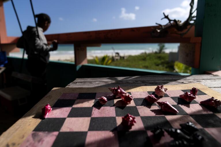 Small conch shells serve as game pieces on a checkers board as a young girl sits on a swing at a restaurant in Pelican Point, Grand Bahama Island, Bahamas, Saturday, Dec. 3, 2022. The shellfish appears prominently at the top of the national coat of arms and conch is widely recognized as the national dish. Symbols of the shellfish are everywhere. Conch shells serve as paperweights, bowls, musical instruments and Christmas ornaments. (AP Photo/David Goldman)